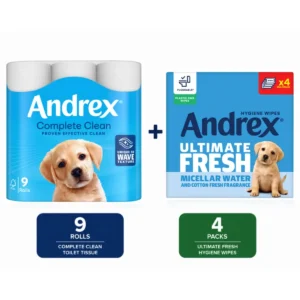 Andrex Complete Clean & Fresh Hygiene Bundle (Andrex Complete Clean Toilet Tissue, 2-Ply, 9 Rolls + Andrex Ultimate Fresh Hygiene Wipes Quad Pack 4 x 36 sheets)